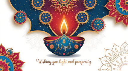 Happy Diwali Illustration Featuring Luxurious Deep Blue Gold Diya Lamp Glowing Flame Intricate Mandala Patterns Vibrant Red Blue Gold Tones on White Background for Festive Greeting Cards Invitations
