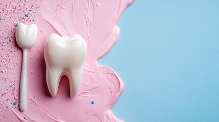 White tooth and a white spoon on a pink and blue background. the tooth is positioned in the center of the image, with the spoon on the left side and the tooth on the right side.