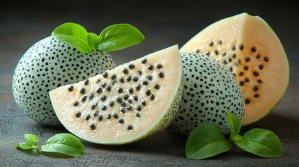 Fototapeta premium Seeded exotic fruit slices with basil garnish
