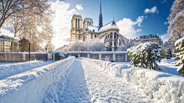 Snowy Notre Dame Cathedral in Paris under Winter Sunlight