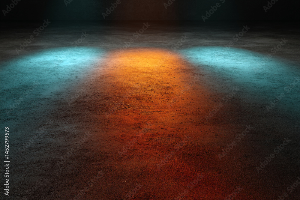 Poster dark textured surface illuminated by orange and teal spotlights, creating a dramatic, moody showcase