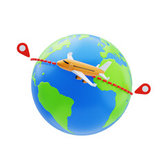Fototapeta premium 3D Airplane Flying Over Globe with Route Between Location Pins Illustrating International Travel and Global Connection