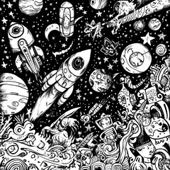 Scifi space doodles with whimsical rockets planets