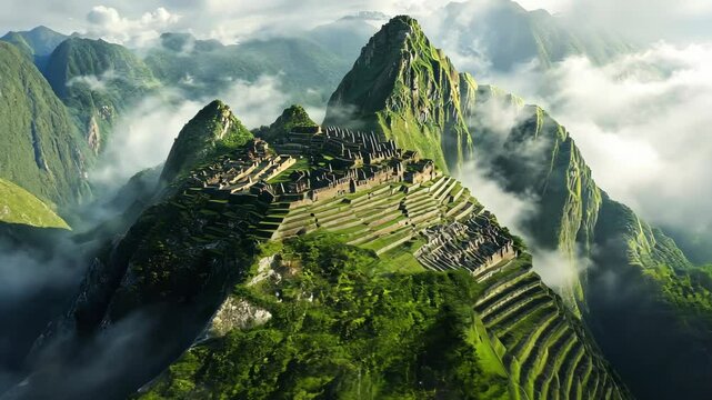 Captivating aerial journey over misty machu picchu revealing ancient incan majesty