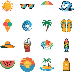 Summer Vacation Vector Icon Set With Beach Elements And Holiday Symbols