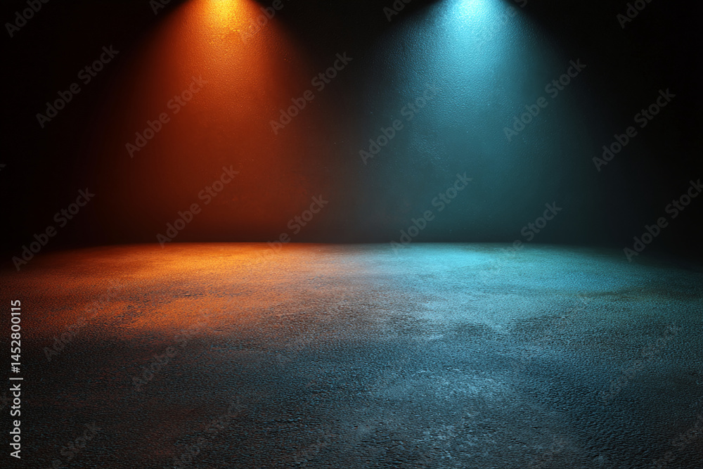Poster dark textured floor illuminated by orange and blue spotlights, creating a dramatic, contrasting scen