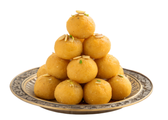 Stacked indian besan laddu sweets garnished with almonds on decorative plate