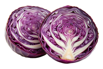 A purple cabbage sliced cleanly in half, concentric rings and gradient hues from outer leaves to core, white backdrop, isolated on a transparent background.
