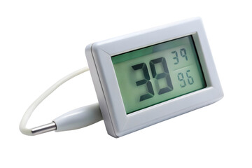 A digital thermometer with an illuminated display, isolated on a transparent background.