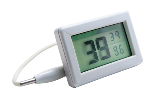 A digital thermometer with an illuminated display, isolated on a transparent background.