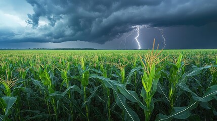 A vast cornfield under a rolling thunderstorm