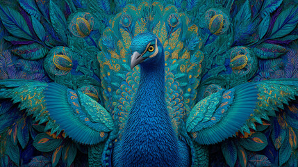 A vibrant peacock with iridescent blue feathers displaying its plumage in a detailed close up view