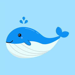 Cute smiling little whale isolated on white background.Blue whale cartoon illustration.Vector graphic illustration.Ocean, aquatic animal, marine fish swimming in summer.