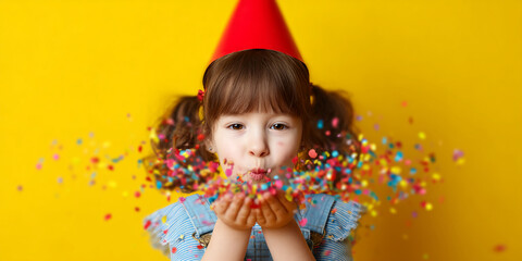 Fototapeta premium Girl in party hat blows colorful confetti, joyful celebration, bright yellow background, festive mood, childhood happiness