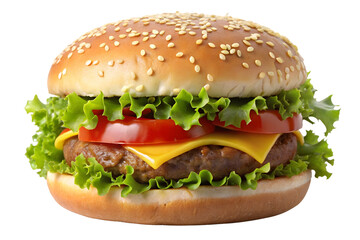 A classic American cheeseburger with lettuce, tomato, cheese, and a sesame bun, isolated on a transparent background.