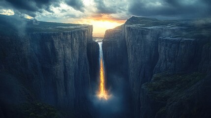 A waterfall between two looming cliffs blasted heavily by unleashed nature & balancing bolts atop thu vast storm body now plummets weak glow of slowing-day sediments.