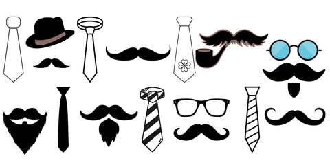 black icon set of beard, glasses, hat, mustache, tie, cigar for father's day in vector