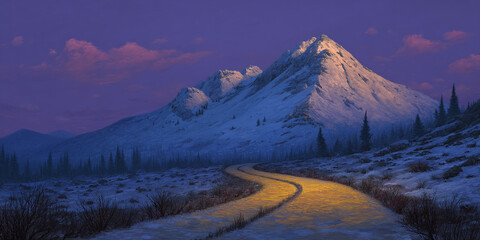 Snowy mountain landscape at dusk, winding road illuminated, showcasing serene winter scene, evoking peace and tranquility