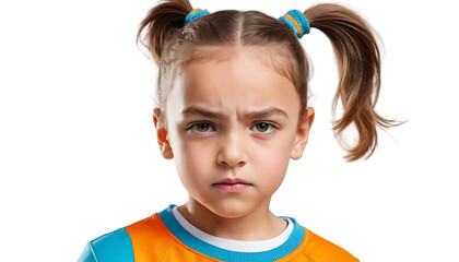 A young girl with pigtails expresses a serious, slightly annoyed facial expression, isolated.
