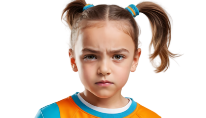 A young girl with pigtails expresses a serious, slightly annoyed facial expression, isolated.