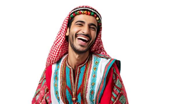 A smiling man in traditional Arab attire, radiating joy and cultural pride.