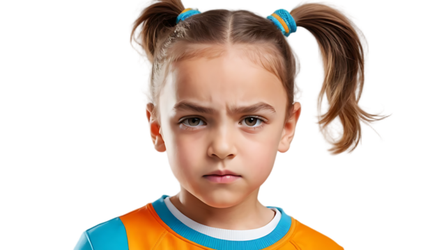 A young girl with pigtails expresses a serious, slightly annoyed facial expression, isolated.