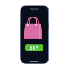 Mobile Phone with Pink Shopping Bag and Green Buy Button for Online Purchase 3D Render