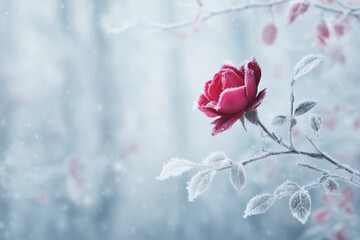 Frozen red rose in winter