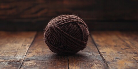 Brown yarn ball on rustic wooden surface in cozy environment