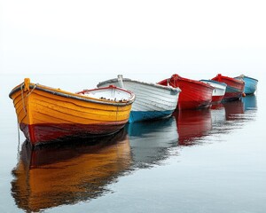 Obraz premium Colorful boats lined up on calm water, reflecting in the serene morning light