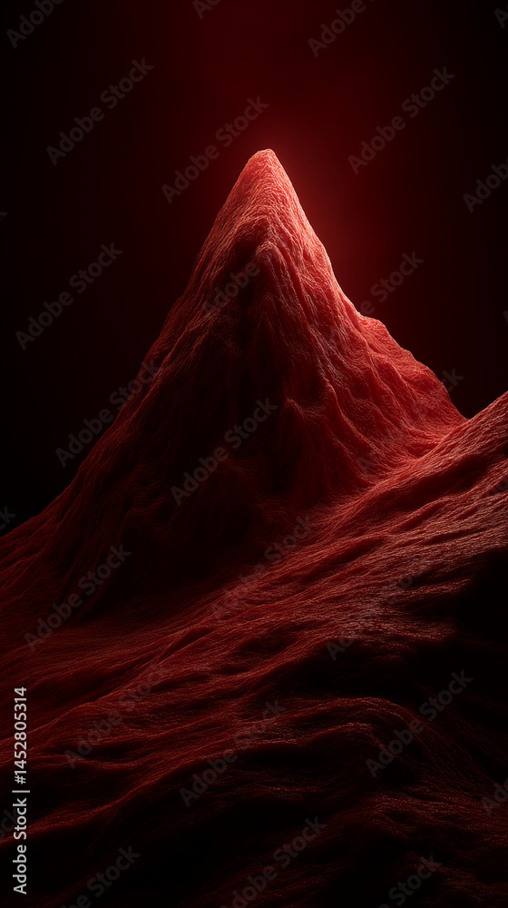 Poster dark red textured landscape, resembling a mountainous terrain with a peak illuminated from above, cr