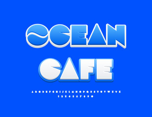 Vector Artistic signboard Ocean Cafe with Decorative Element. Big Geometric White and Blue Font. Creative  Alphabet Letters and Numbers set.