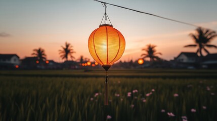 Obraz premium Glowing lantern hangs over a rice field at sunset
