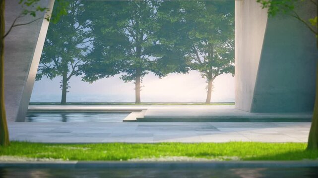 Empty concrete floor terrace near water in pond. 3d rendering of abstract gray building with garden and sea background.