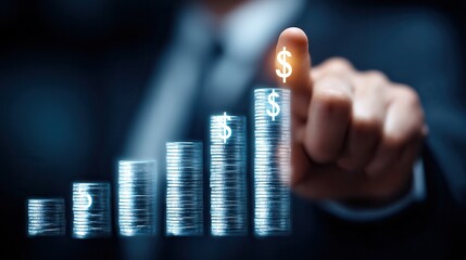 Leader presents start up project Businessman pointing at increasing financial growth graph.