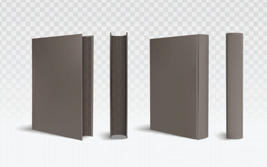 Vector blank book mockup template showing standing front and spine views. Easy to customize object for showcasing cover designs, or for publishing and library themes. Transparent background.