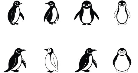 A cute cartoon vector illustration shows a set of penguins, including a penguin with a girl, in a cold winter scene with snow from Antarctica