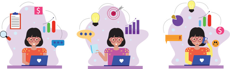 Illustration of a multitasking woman at work. Flat vector illustration. Office work concept.