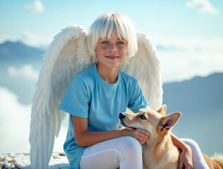 Ai-generated a blond boy angel with wings and a red dog against the backdrop of a heavenly landscape.