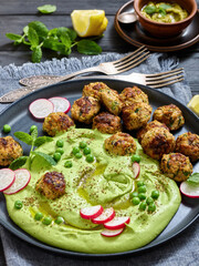 chicken broccoli meatballs with green pea hummus