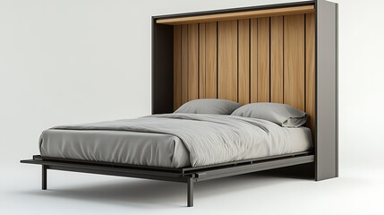 Compact urban bedroom mockup with a multifunctional bed frame, vertical wood panels on the headboard, and monochrome palette in