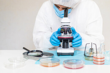 Examine bacteria in petri dishes in the laboratory. Selective focus.