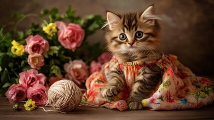 Kitten in floral dress with yarn and flowers