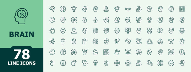 Brain icon set. Minimalist icons collection. Brainstorm simple icon set. Contain linear sign head, mental, mind, intelligence, psychology and more.