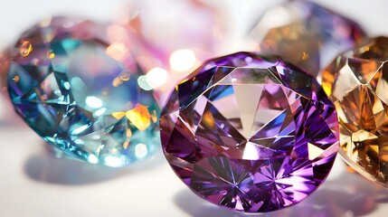 Fototapeta premium Collection of colorful diamonds are displayed on a white background