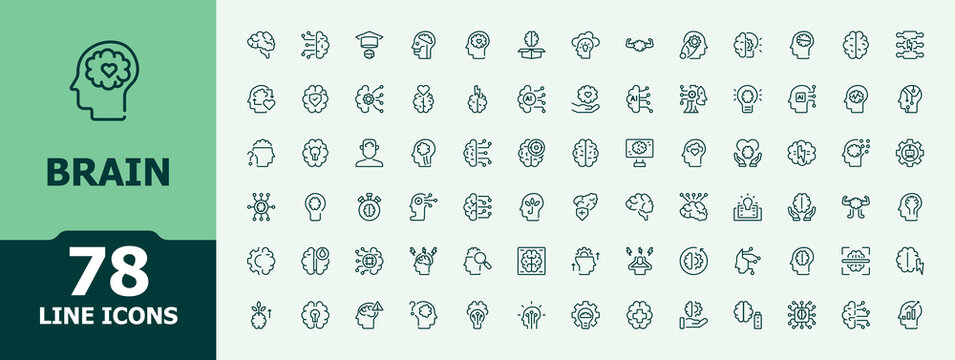 Brain icon set. Minimalist icons collection. Brainstorm simple icon set. Contain linear sign head, mental, mind, intelligence, psychology and more.