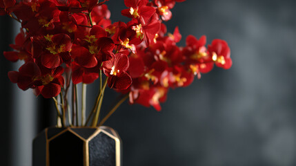 A bouquet of vibrant red orchids arranged in a sleek black and gilt geometric vase, place against a muted gray backdrop. © claudunia
