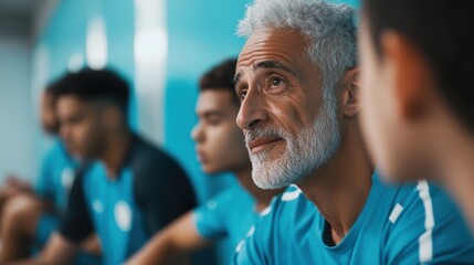 Mature coach observing young team members in a locker room.