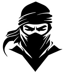 Ninja Face with Mask, Focused Eyes and Flowing Headband Ribbons, Stealth, Espionage, Ninjutsu, Martial Arts, Feudal Japan Warrior, Secrecy and Covert Operations