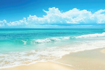 Fototapeta premium Azure Sky Meets Turquoise Ocean White Sandy Beach and Gentle Waves on Seashore View